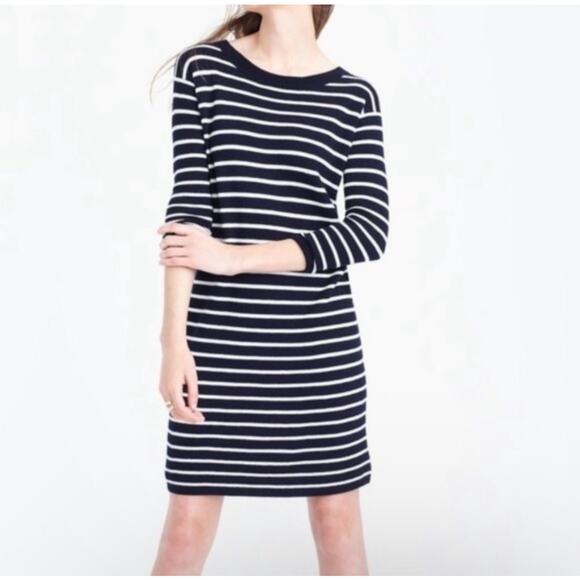 NEW J Crew Sweater Dress Large 100 Merino Wool Navy White Stripe Luxury Preppy - Picture 2 of 9